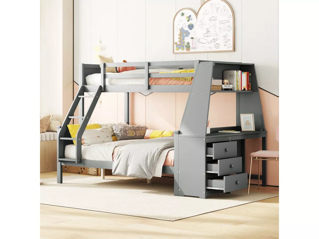 Lits superposés 90 x 200 cm + 140 x 200 cm - bureau + 3 tiroirs + étagère - bois MDF - gris
