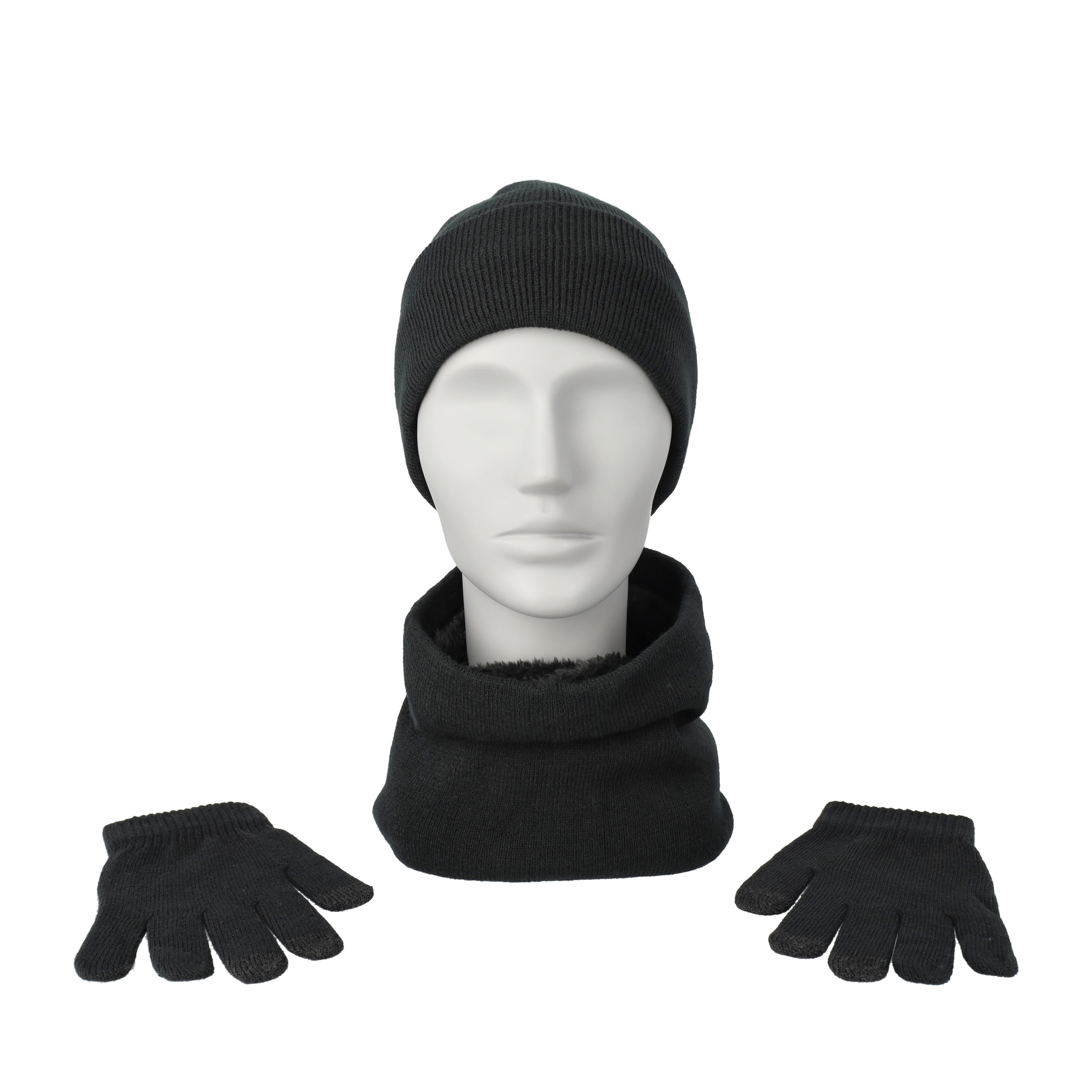 (3-tlg. Set) Unisex Winter Schlauch Schal / Mütze / Touchscreen Handschuhe (OneSize) - Schwarz
