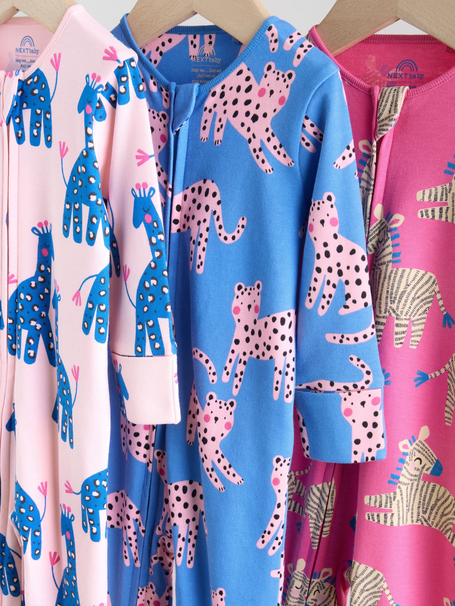 Blauw/roze met karakteristieke dierenprint - 3 Pack Baby-pyjama's met tweewegrits (0mnd -2jr)