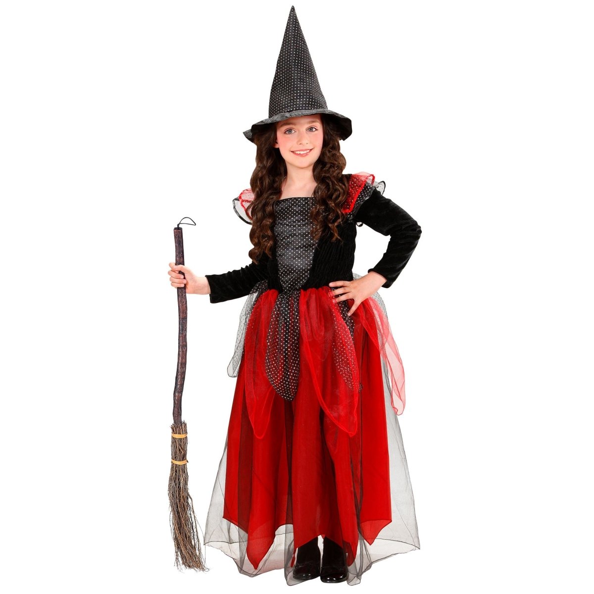 Halloween Kostuum Zwart Rood Kind Heks 2 delig