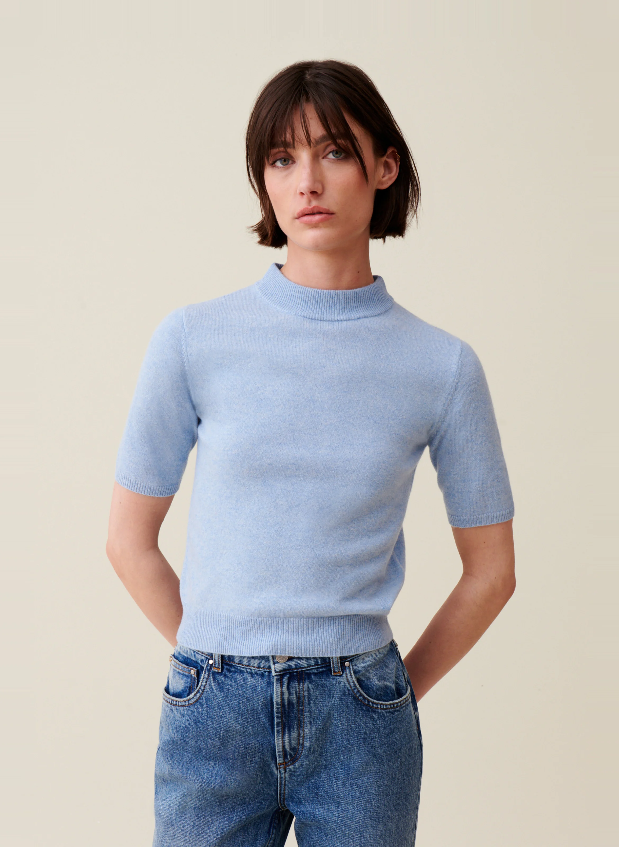 Pull manches courtes en laine | Bleu