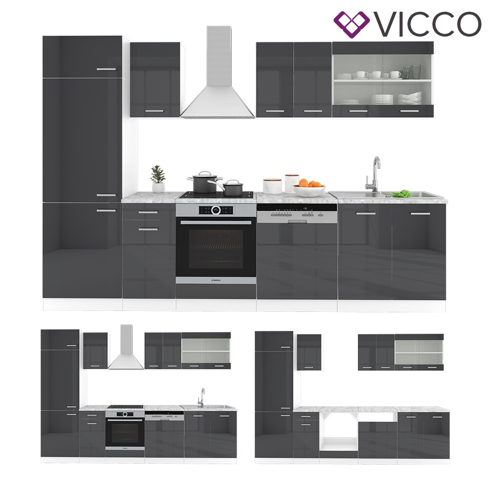VICCO KÜCHE R-LINE 300CM KÜCHENZEILE KÜCHENBLOCK EINBAUKÜCHE ANTHRAZIT HOCHGLANZ
