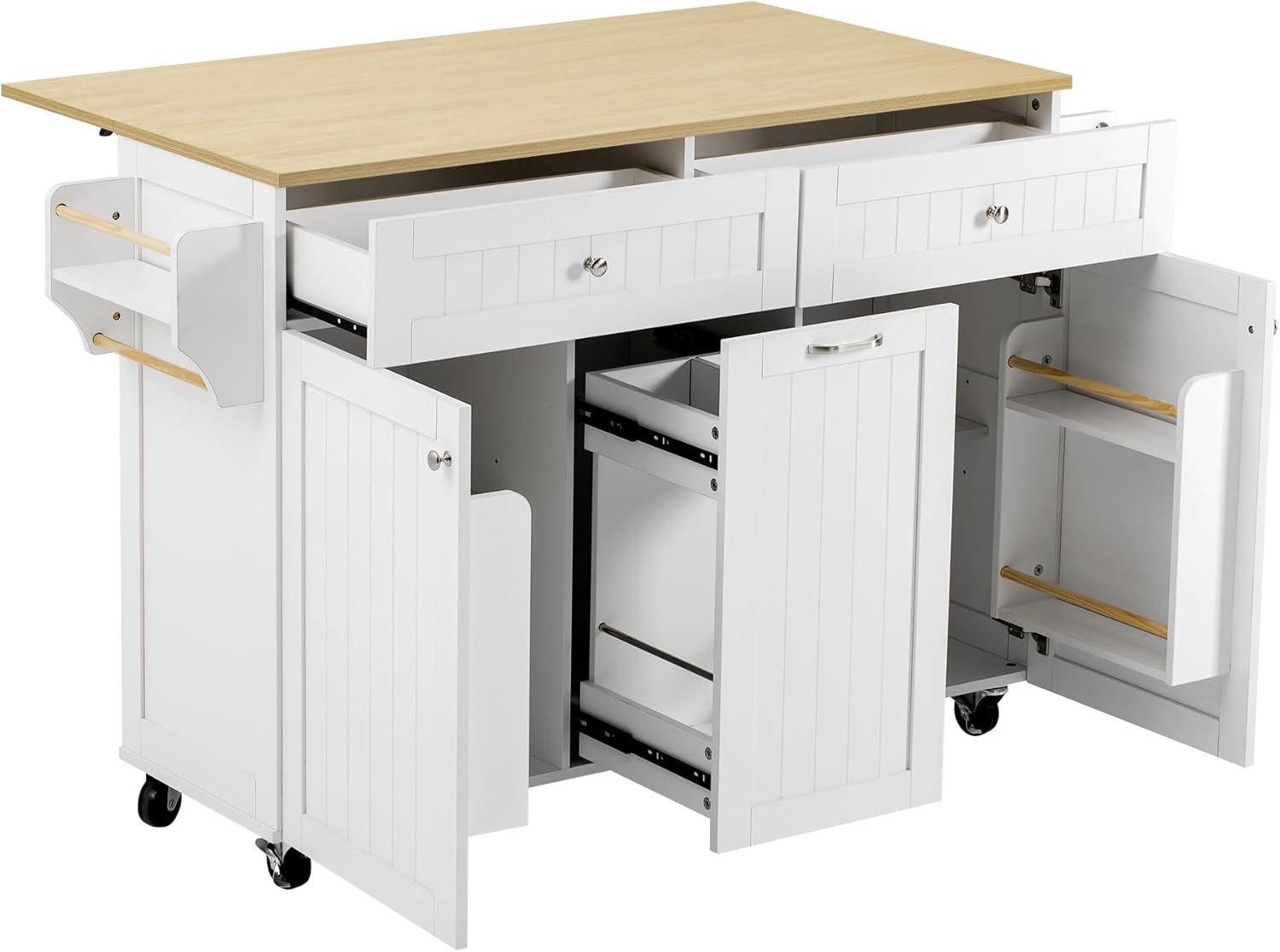 Mobile Kücheninsel Küchenschrank mit Klappbare Arbeitsplatte und Schubladen, Buffetschrank Küchenwagen mit Rollen und Regal, Küchenbuffet, Küchenmöbel, Schrank Weiß, 139.5x40-70x92 cm