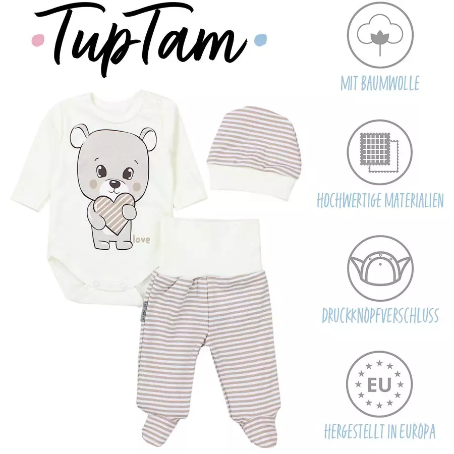 TupTam Baby Bekleidungsset Langarmbody Hose Mütze3 teilig beigegelb