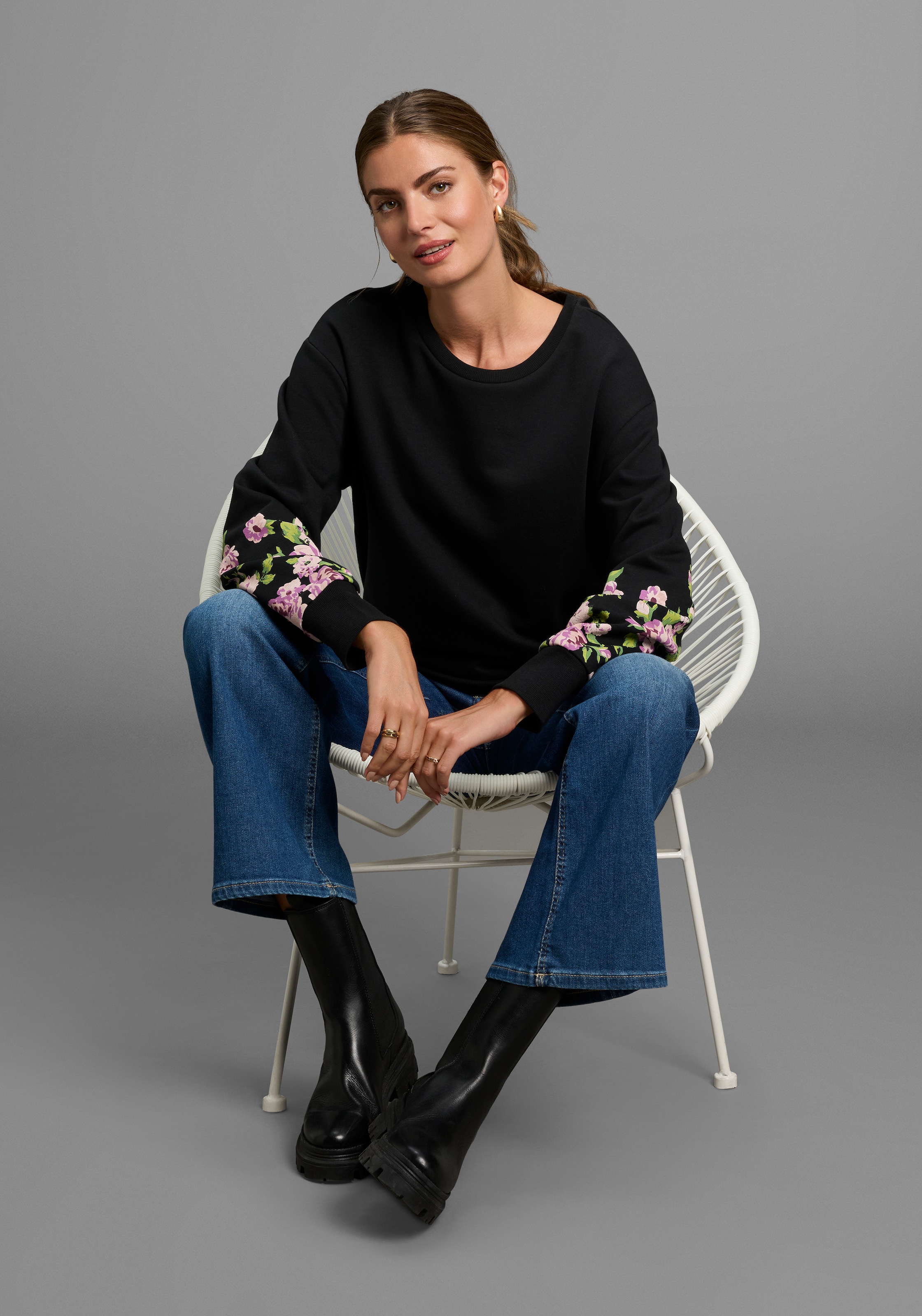 Laura Scott Sweater , Weiche Baumwollmischung mit Blumenprint auf den Ärmeln