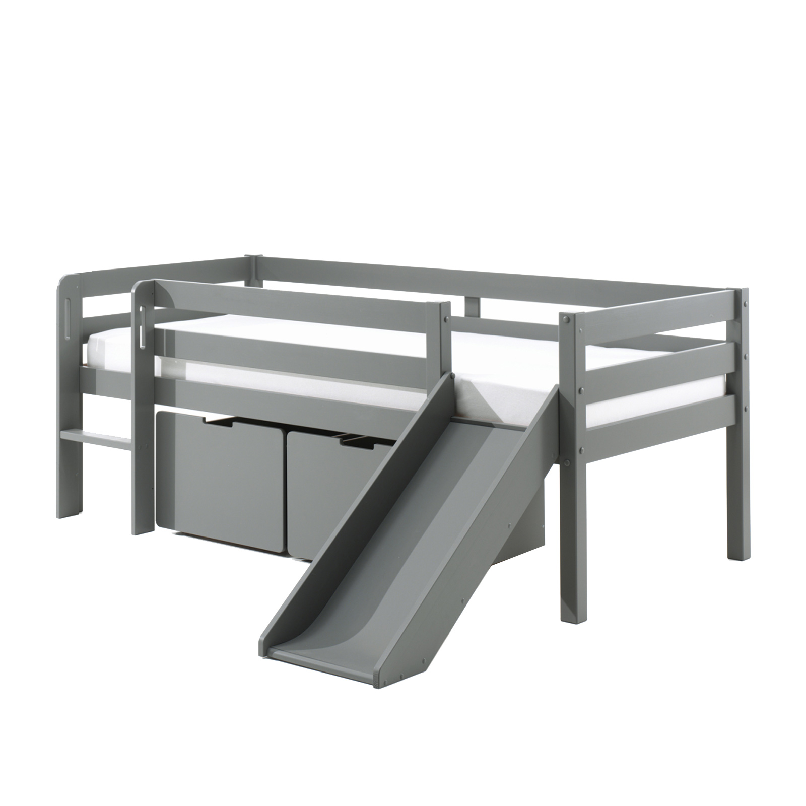 Kojen-Spielbett - grau - Schubkästen - Regal - Rutsche - 90x200 cm