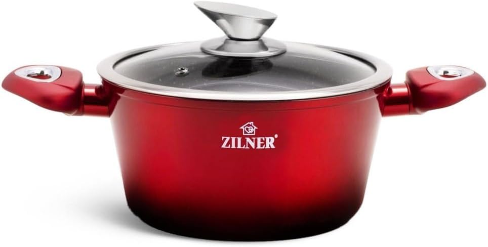 Zilner Töpfe und Pfannen Set - Topfset 15-teilig - Marmorbeschichtung und Keramikbeschichtung - mit Glasdeckeln - für alle Herdarten - Rot