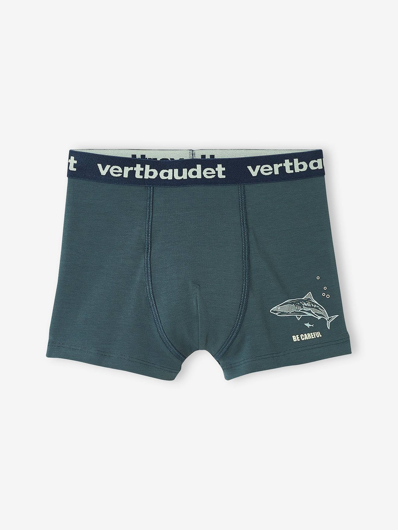 Lote de 5 cuecas boxer elásticas, modelo Sharks, para menino, lisas, azul médio com estampas.