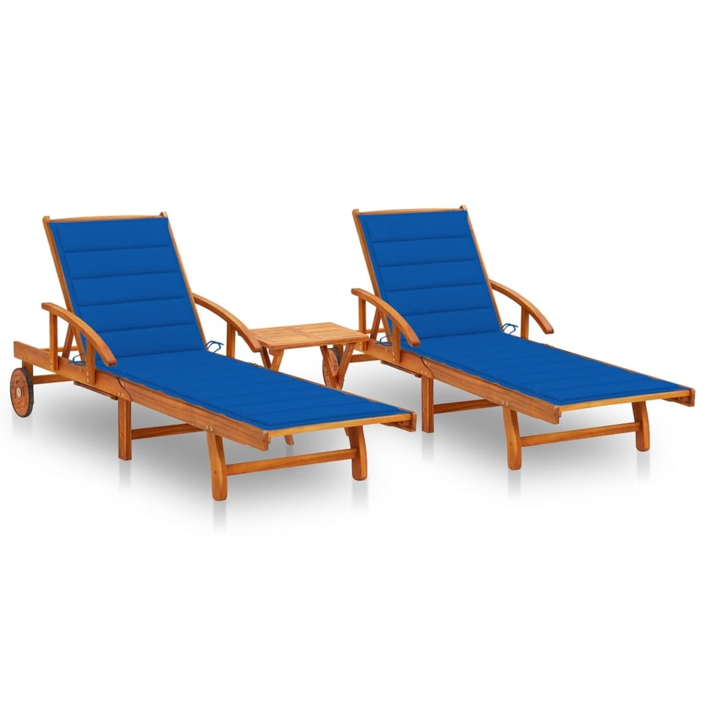 Lot de 2 transats chaise longue bain de soleil lit de jardin terrasse meuble d'extérieur avec table et coussins acacia solide