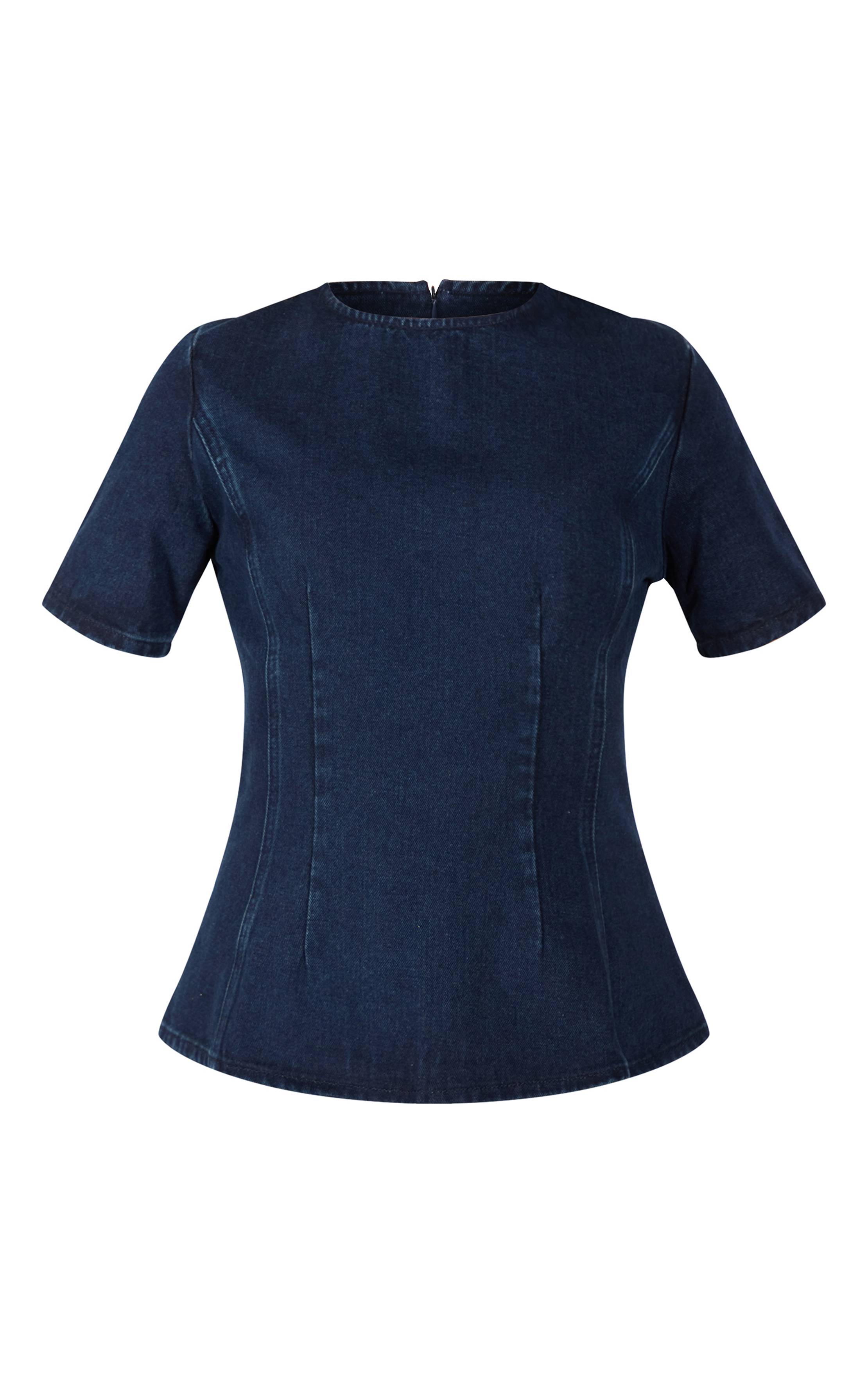 Bleu Indigo Foncé Haut En Denim Péplum Bordeaux Foncé Avec Taille Cintrée