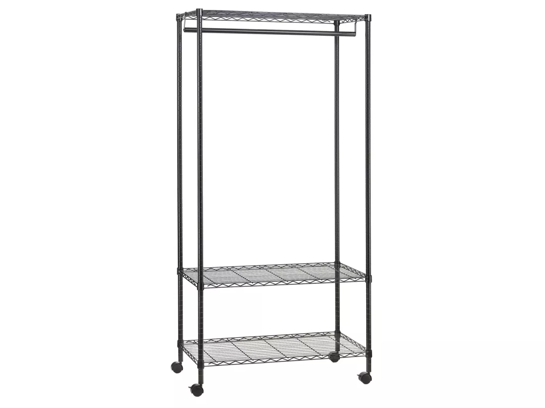 Portant à vêtements BRINDISI penderie simple sur roulettes vestiaire mobile avec 1 barre et 2 tablettes, en métal noir