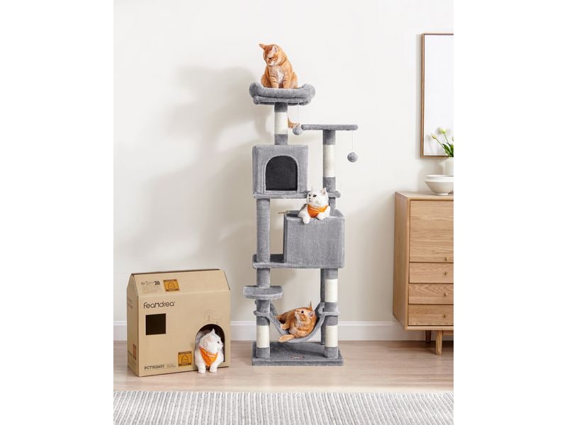 Feandrea Kratzbaum mit 2 Höhlen 155 cm, Grau/Beige Kuscheliges Katzenhaus