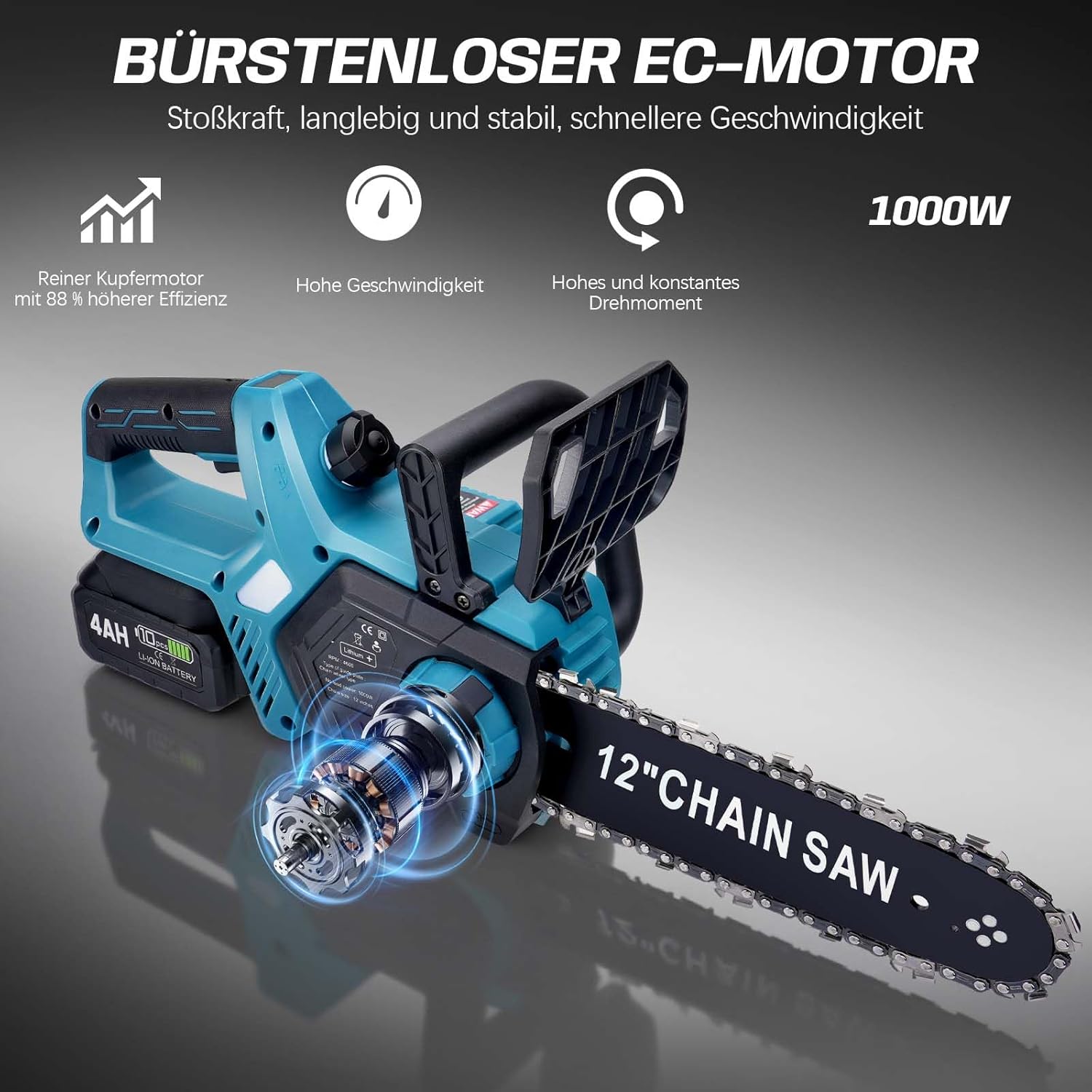 Akku Kettensäge 12 Zoll, 2x4000mAh Elektro Kettensäge | 1000W Bürstenloser Motor | Kompatibel mit Makita 18V Akku | Automatische Kettenschmierung | Werkzeuglose Kettenspannung | 30cm Schwertlänge