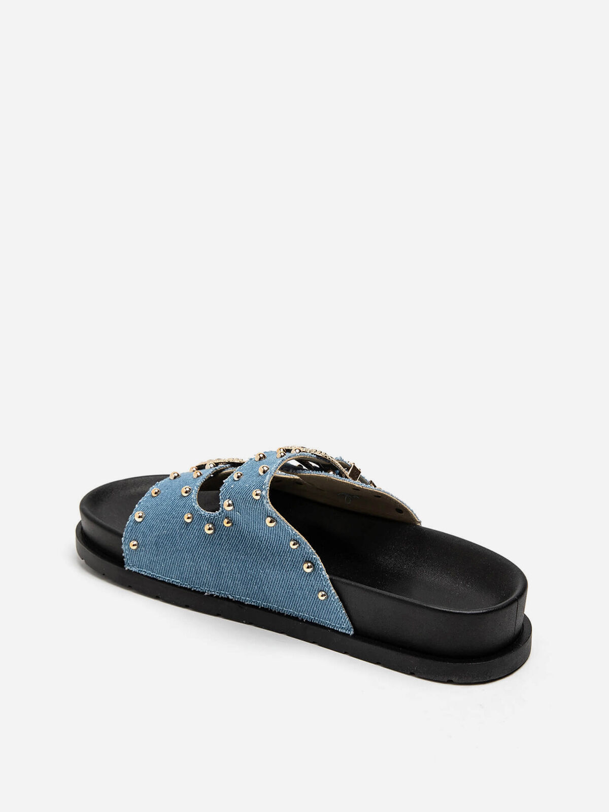 Mules en denim à boucles et clous dorés- Bleu