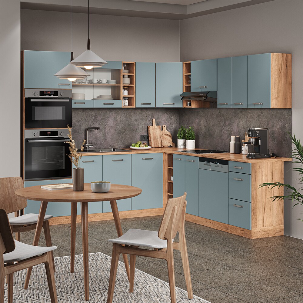Vicco Eckküche R-Line Solid Eiche Blau Grau 247x237 cm modern Küchenschränke Küchenmöbel