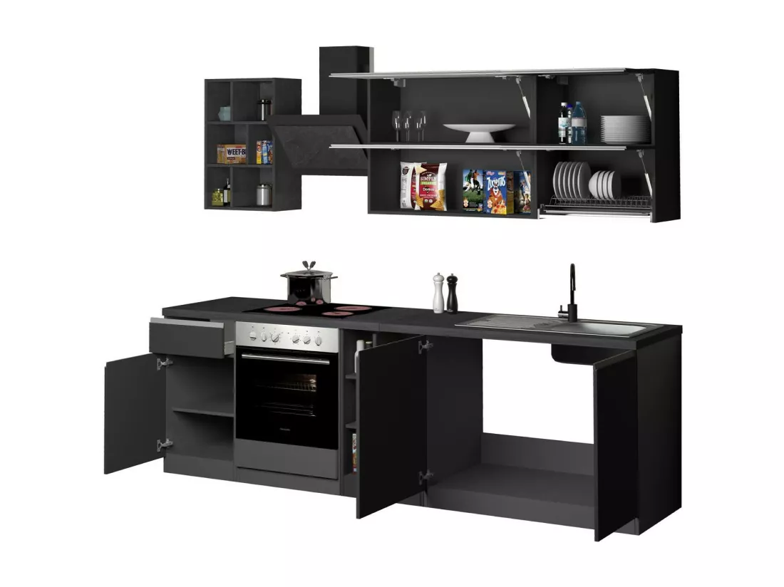 Cuisine complète Dcastill, Ensemble avec garde-manger, Meuble de kitchenette, Kit bloc linéaire, 100% Made in Italy, 255x60h85 cm, Anthracite et Ardoise