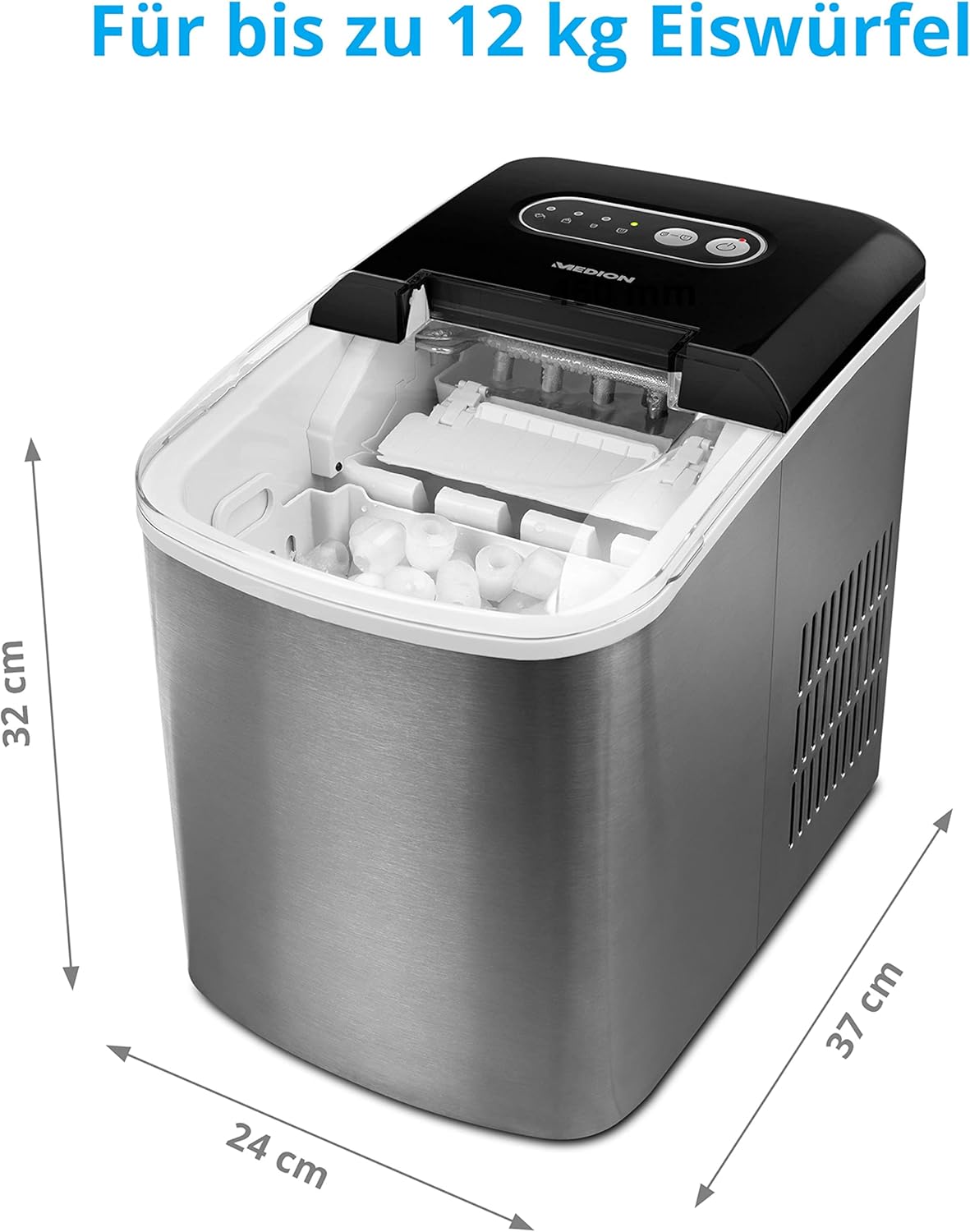 MEDION Eiswürfelmaschine (Eiswürfelbereiter, 2,2 Liter Wassertank, kurze Produktionsdauer 6-12 Minuten, 2 wählbare Eiswürfelgrößen, selbstreinigend, Edelstahl, MD17739)