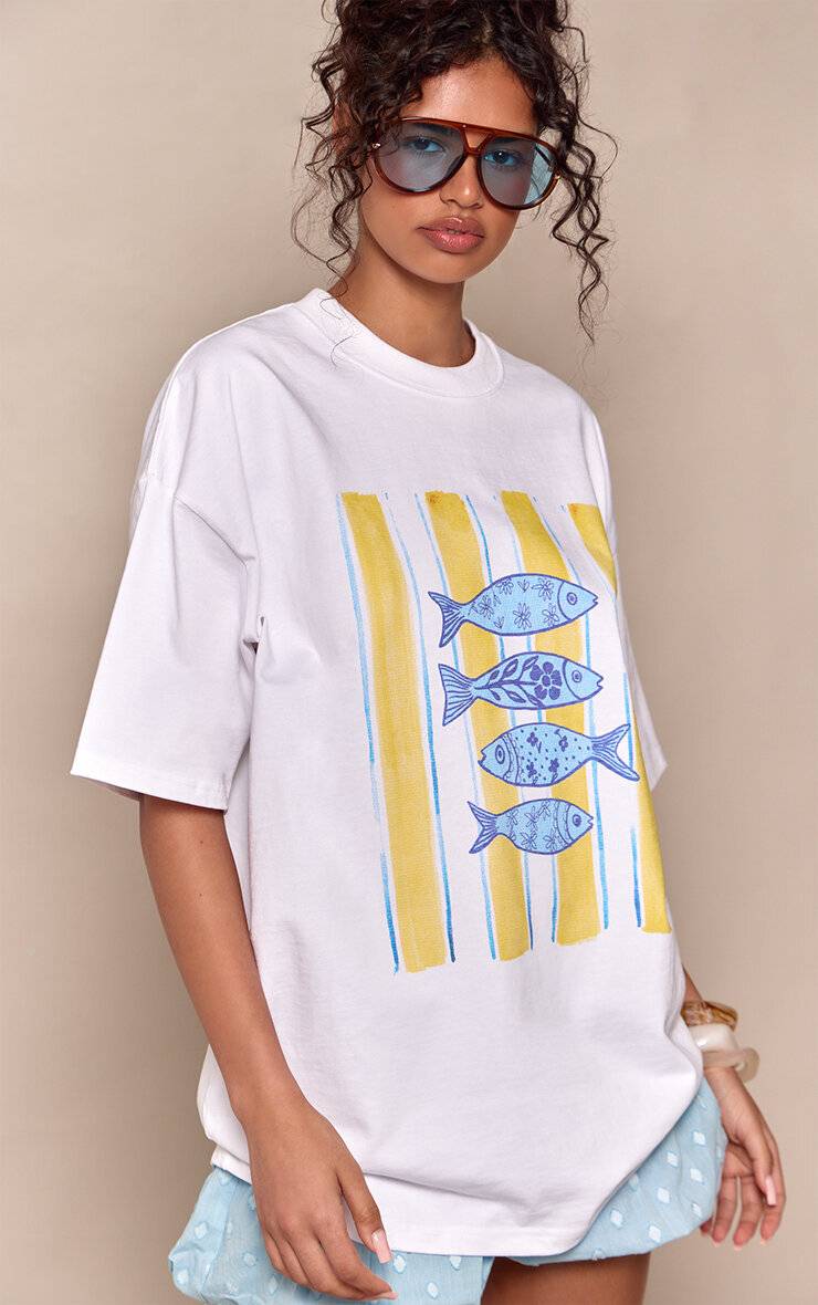 Blanc T-shirt Oversize En Coton Épais Avec Motif Sardines