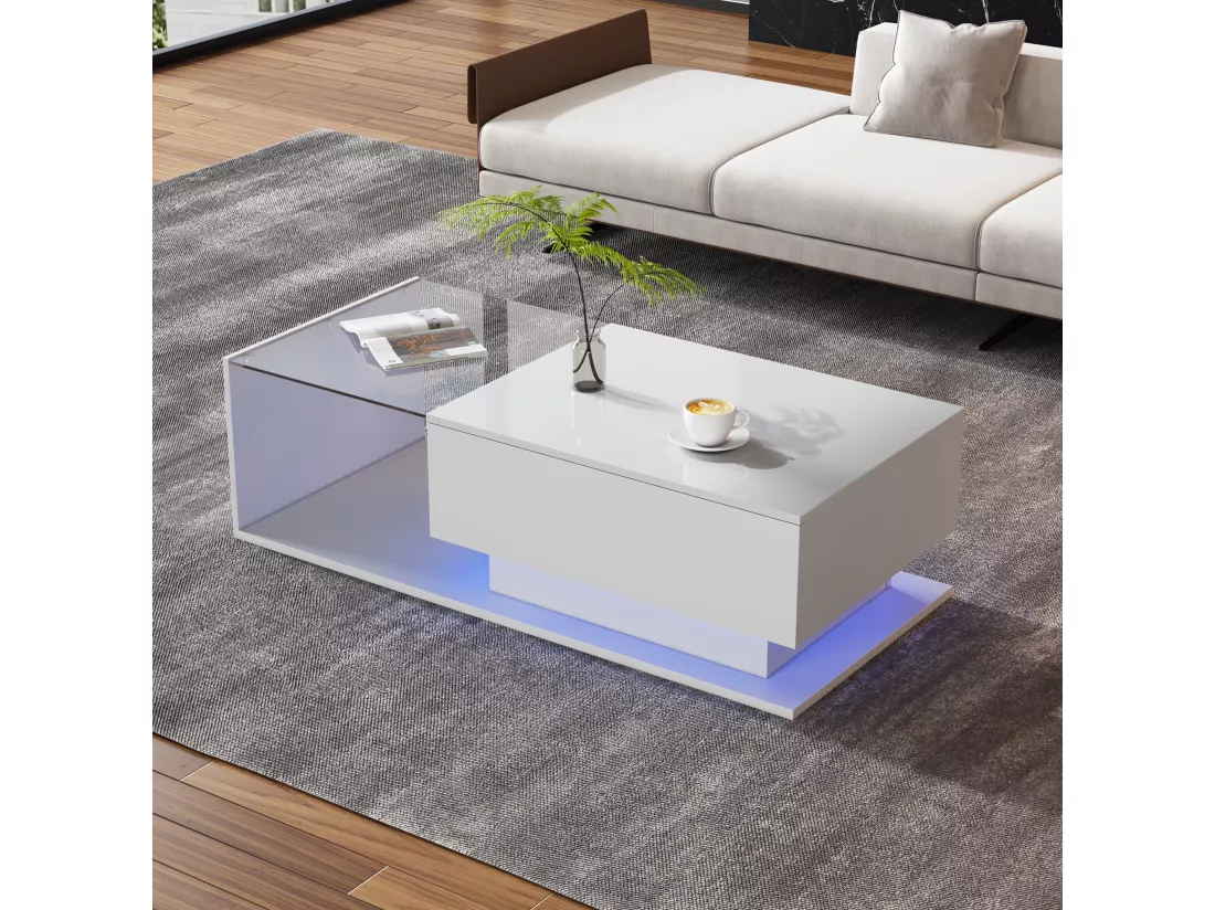 Table basse avec grand tiroir - 100x50x32 cm - LEDs - plateau en verre - Panneaux de particules - Blanc brillant