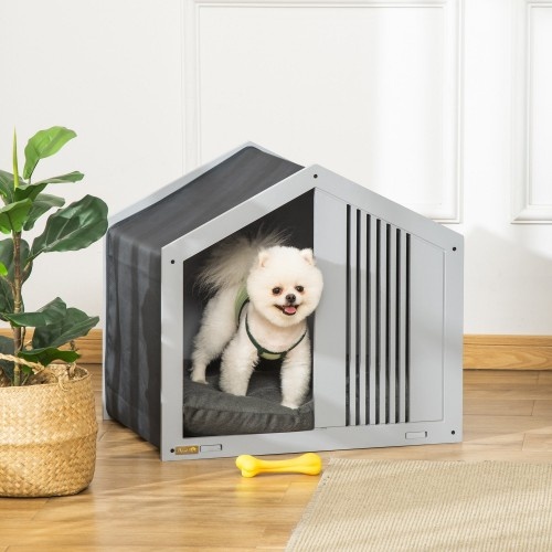 Casinha de madeira cinza PawHut para cães de pequeno e médio porte.