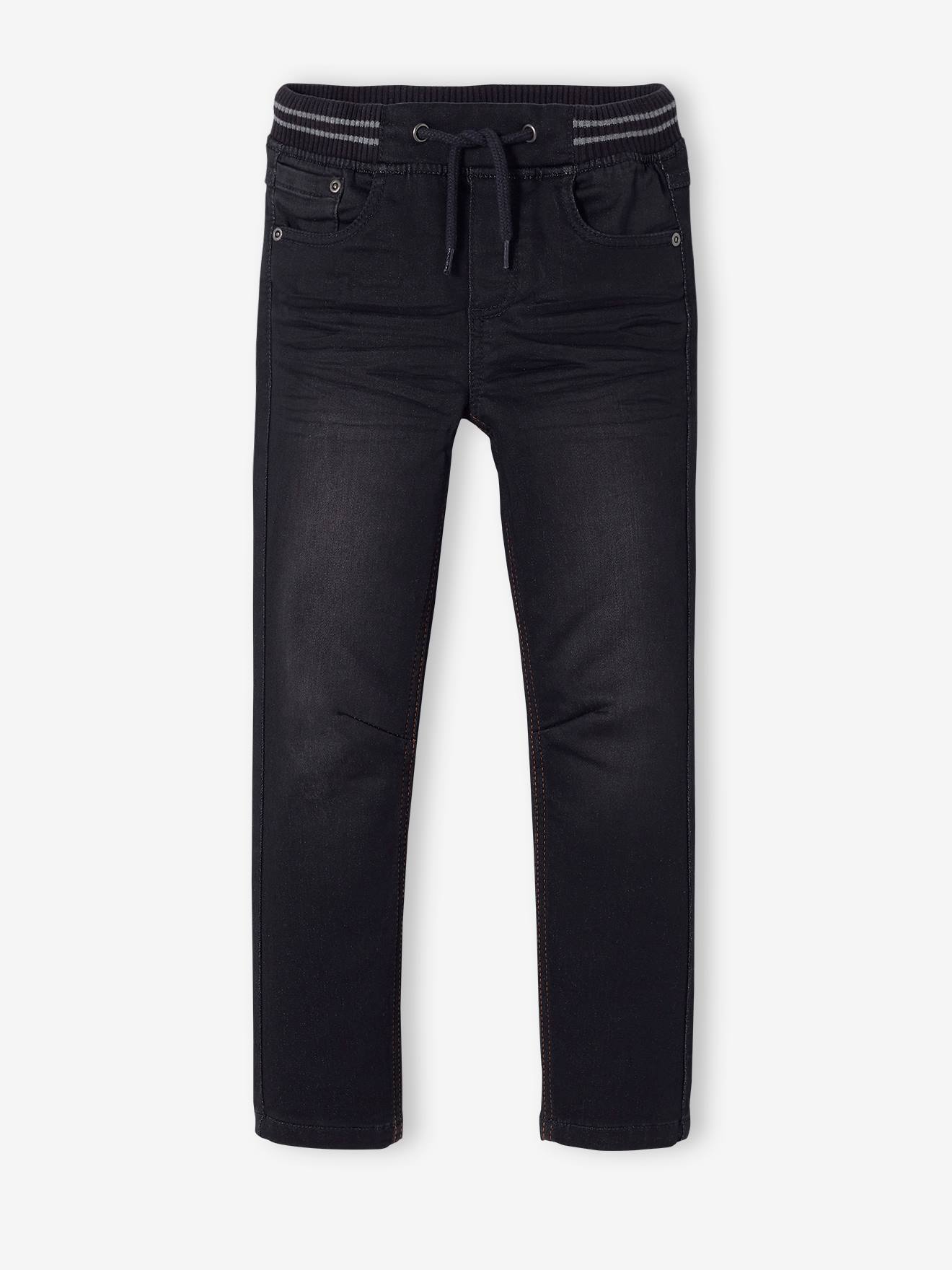 Calças de corte reto para meninos em fleece preto liso com efeito jeans.