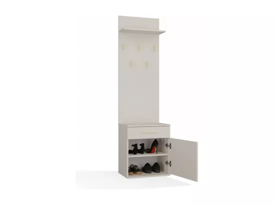 VIONI - Meuble vestiaire d'entrée - Portemanteau mural avec étagère - 5 crochets - Tiroir + meuble de rangement - Beige