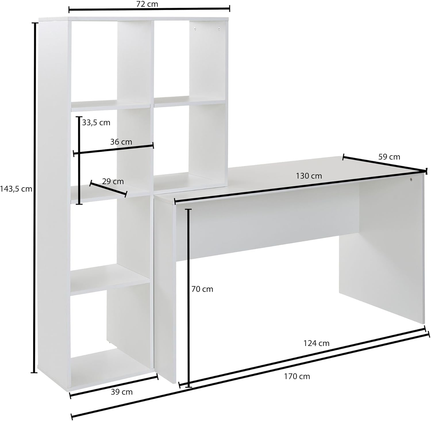 FineBuy Schreibtisch mit Regal Weiß 170x59x143,5 cm Bürotisch Modern, Laptoptisch mit 6 Ablagen, Homeoffice Computertisch mit Stauraum