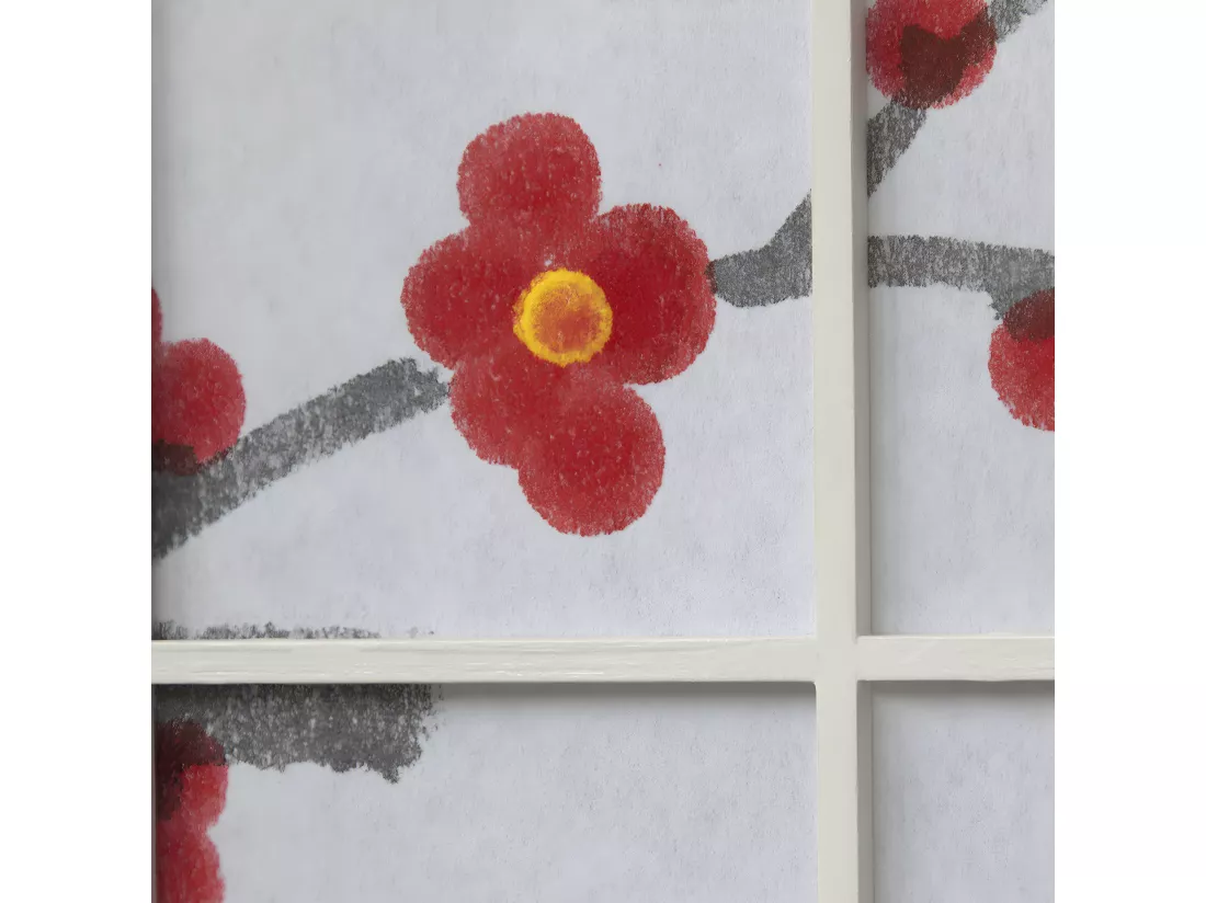 Paravent japonais fleur de cerisier en bois blanc de 6 pans, L264 x H175 x P2 cm