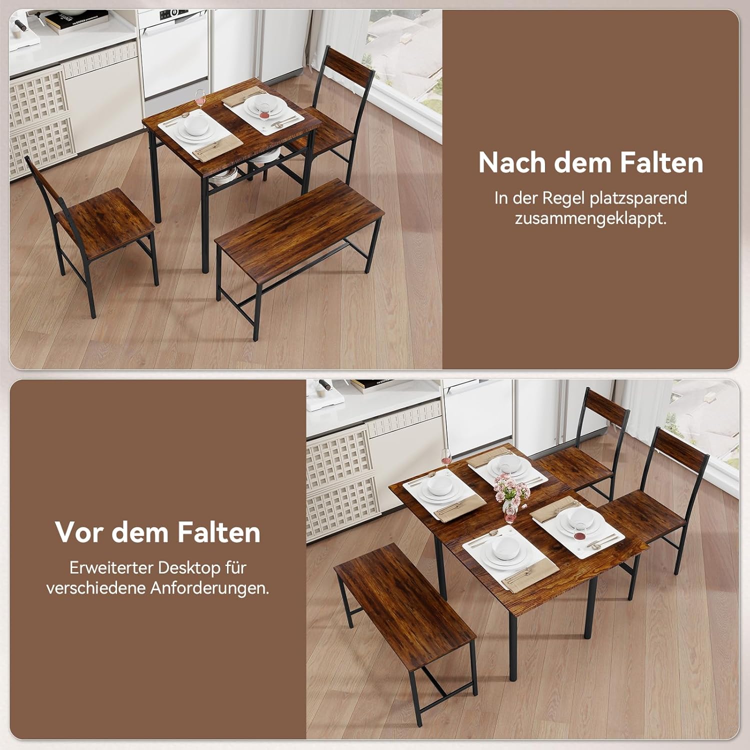 ARTETHYS Essgruppe Esstisch Ausziehbarer 60-120cm mit 2 Stühlen & Bänken, Klappbarer Küchentisch-Set mit Metallgestell Esszimmergruppe, Industrial Sitzgruppe Esszimmer, Ablagefach, Vintage Braun
