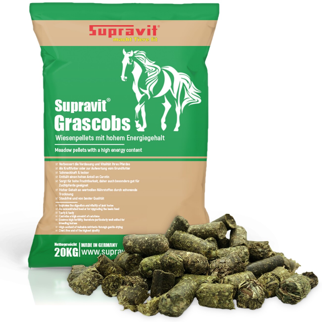 Supravit Grascobs für Pferde 20kg | natürliche Graspellets als Heuersatz | Wiesencobs für Pferde mit hohem Energiegehalt | Pferdefutter Heucobs aus frischem Gras