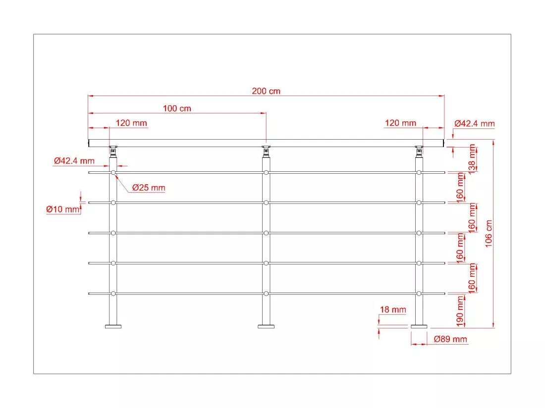 Garde-corps 200cm avec main courante, en acier inoxydable 201, pour intérieur et extérieur, garde-corps avec 5 traverses