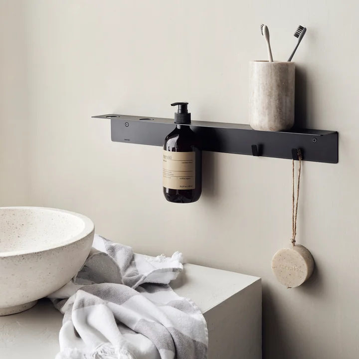 Meraki - Regal mit Flaschenhalterung und Hakenleiste, mattes Messing-Finish