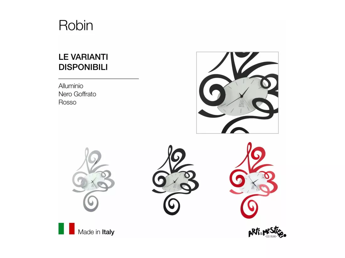 Robin Horloge Murale Moderne Noire Fabriquée en Italie en Acier, d. 45 cm, Silencieuse, Style Minimal pour Maison et Bureau