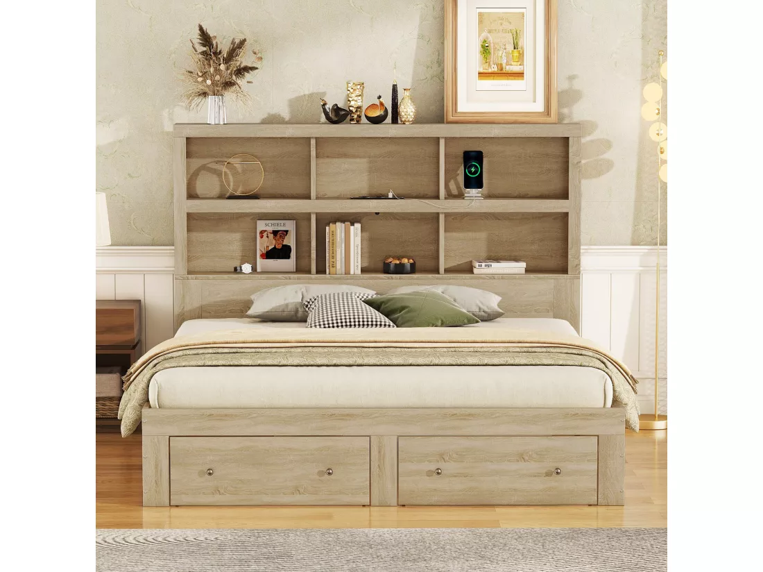 Lit double en bois massif avec tiroirs de rangement et tête de lit, naturel
