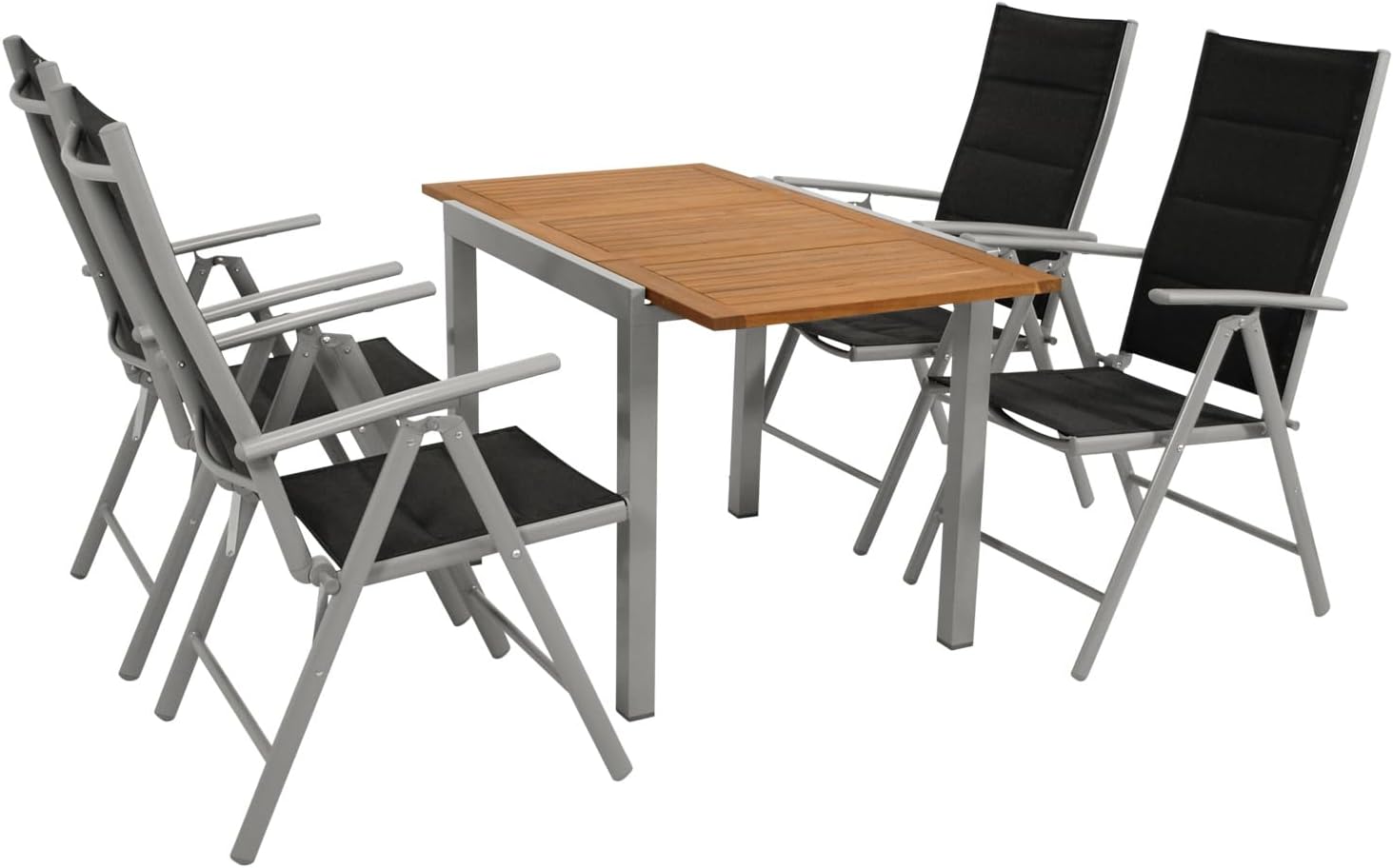 DEGAMO Gartengarnitur Vail 5-teilig, 4X Hochlehner Klappsessel Silbergrau und 1x Ausziehtisch Aluminium mit Tischplatte Akazie 80/120x70cm, Outdoor