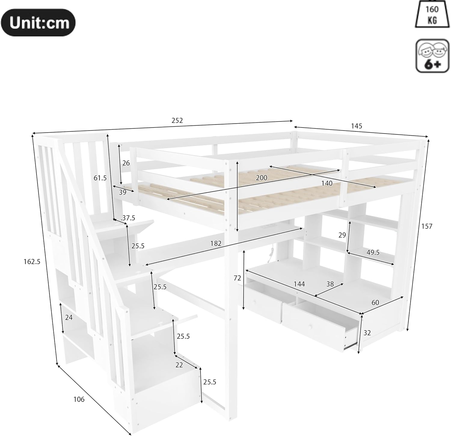 Etagenbett 140x200 mit LED & USB-Ladesteckdose, Kinderbett Hochbett mit Schreibtisch&Bücherregal&Stauraumtreppe&Schubladen, Kieferholz Funktionsbett Stockbett Spielbett Jugendbett, Ohne Matratze,Weiß