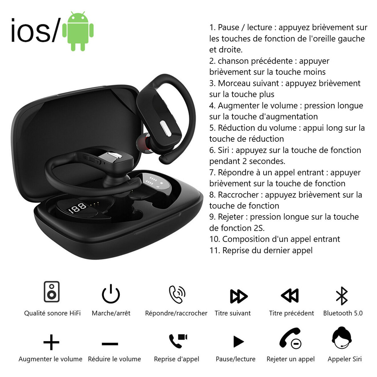 Onamaste Écouteurs Bluetooth sans fil noirs