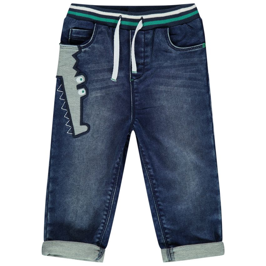 Jean effet used à taille élastiquée et crocodile brodé - Bleu