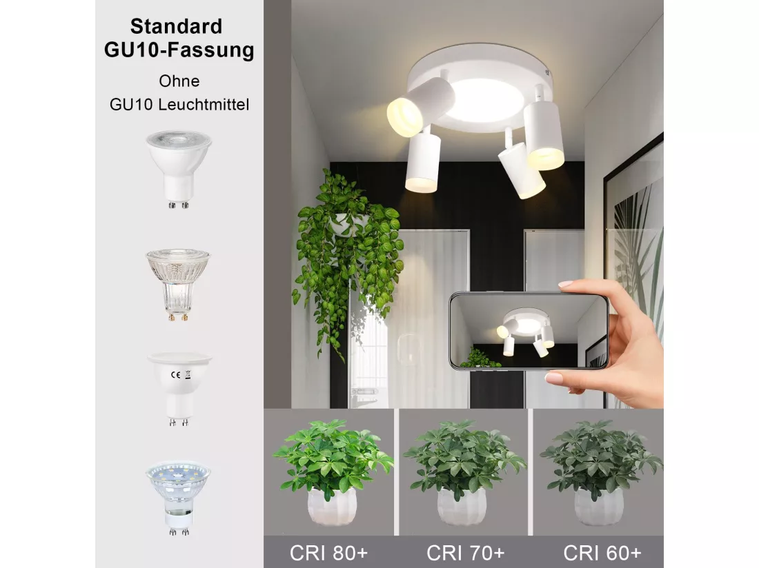 NETTLIFE Spot de plafond 4 ampoules rond 20W 3000K GU10 installation facile blanc chaud orientable 350° moderne