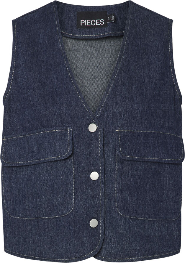 Pieces PCFABIA SL V-NECK DENIM VEST D2D FS Blå