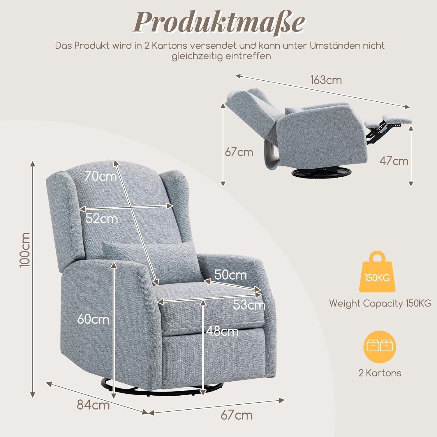 Relaxsessel mit Liegefunktion, 360°Drehbarer Fernsehsessel Wohnzimmer, Schaukelstuhl mit gepolsterte Lordosenstütze, TV Sessel Wippfunktion, Manuell Verstellbar(Grau) Grau