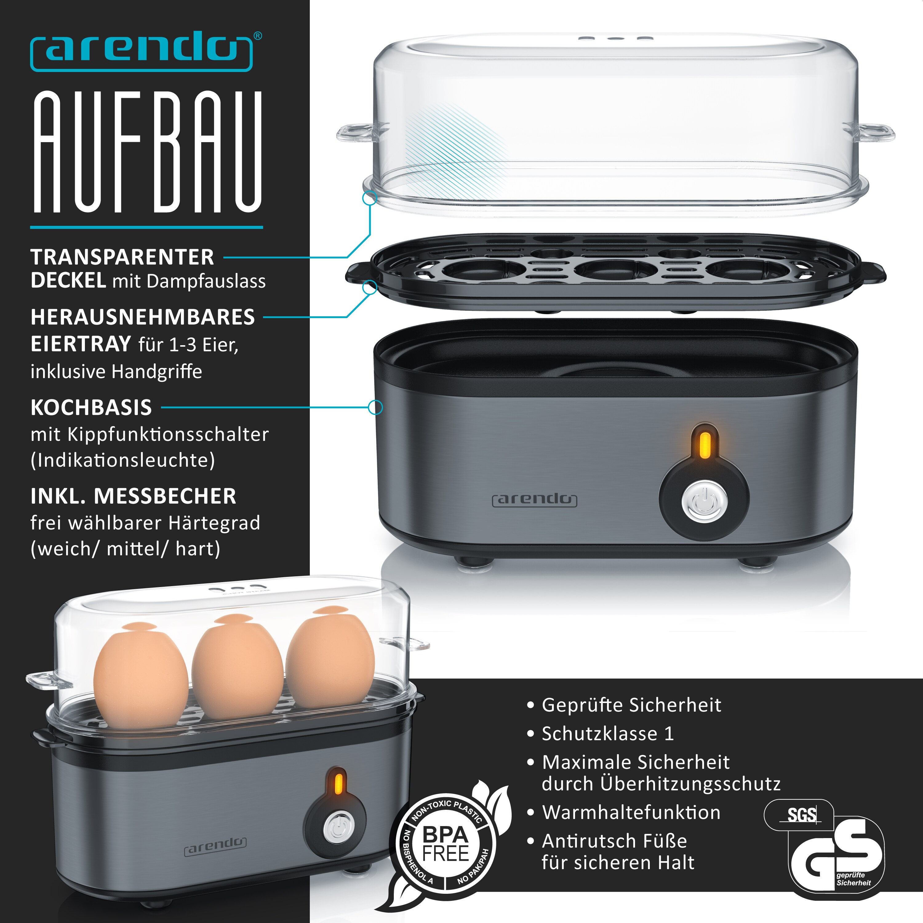 Arendo Frühstücks-Set in grau Wasserkocher / Toaster / Eierkocher