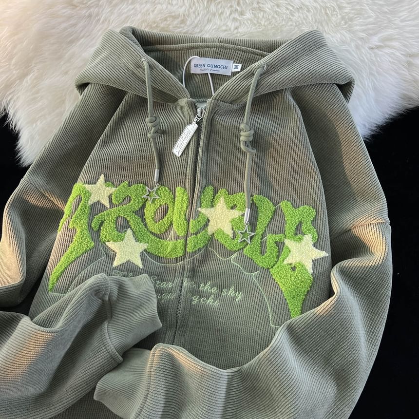 GRAYCIOUS - Lettering Hooded Lettering Zip-Up Jacket