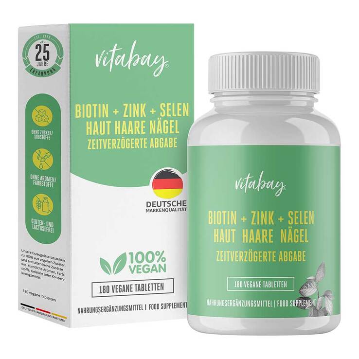 Biotin + Zink + Selen Haut + Haare + Nägel vegan Tabletten, 180 St