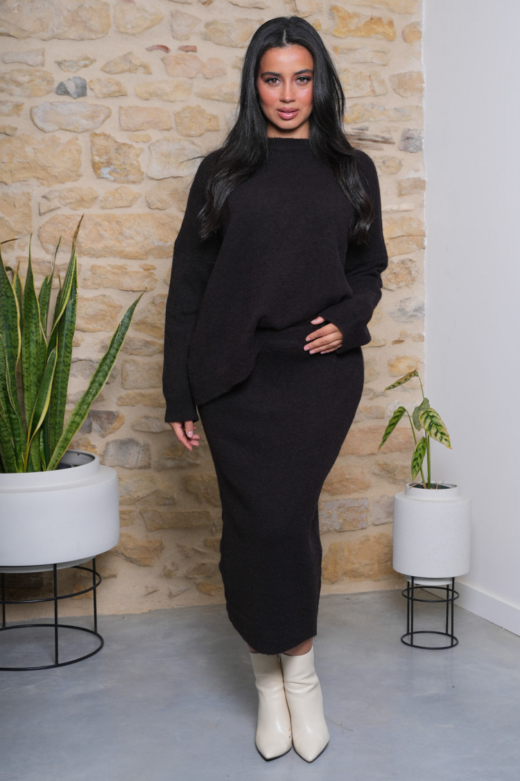 Ensemble 2 pièces pull + jupe marron texturée