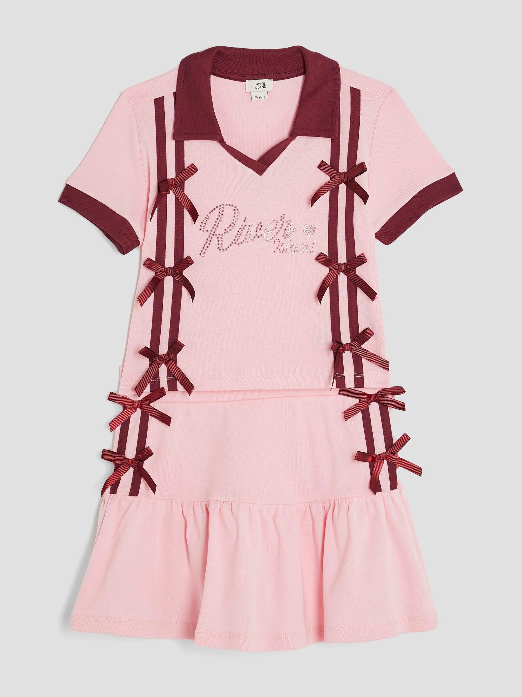 Roze - River Island Girls Bow Polo Shirt and Skirt Set