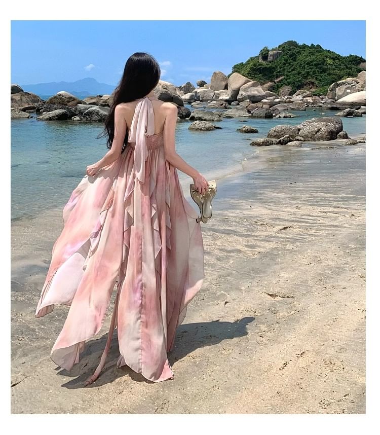 BOHEME - Spaghettibandjes Halter Hals Tie-Dye Maxi A-lijn Jurk