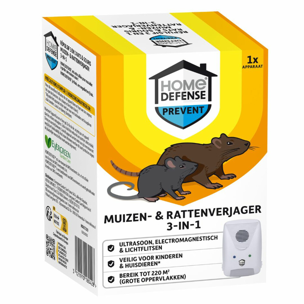 KB Home Defense Muizen- en Rattenverjager 220 m2 Ultrasoon, Elektromagnetisch en Lichtflitsen