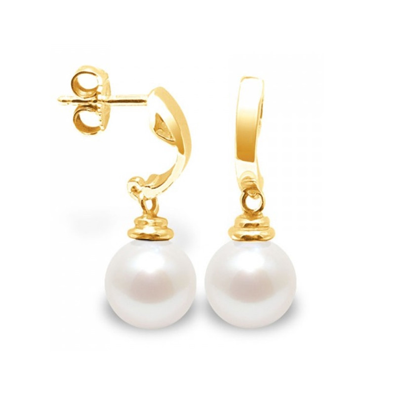 Boucles d'Oreilles Pendantes Perles de Culture Blanches et or jaune 375/1000