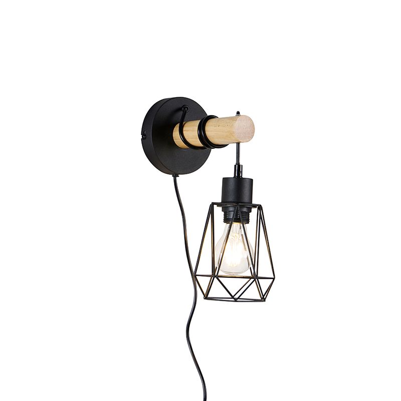 Landelijke wandlamp zwart met hout - Dami Frame